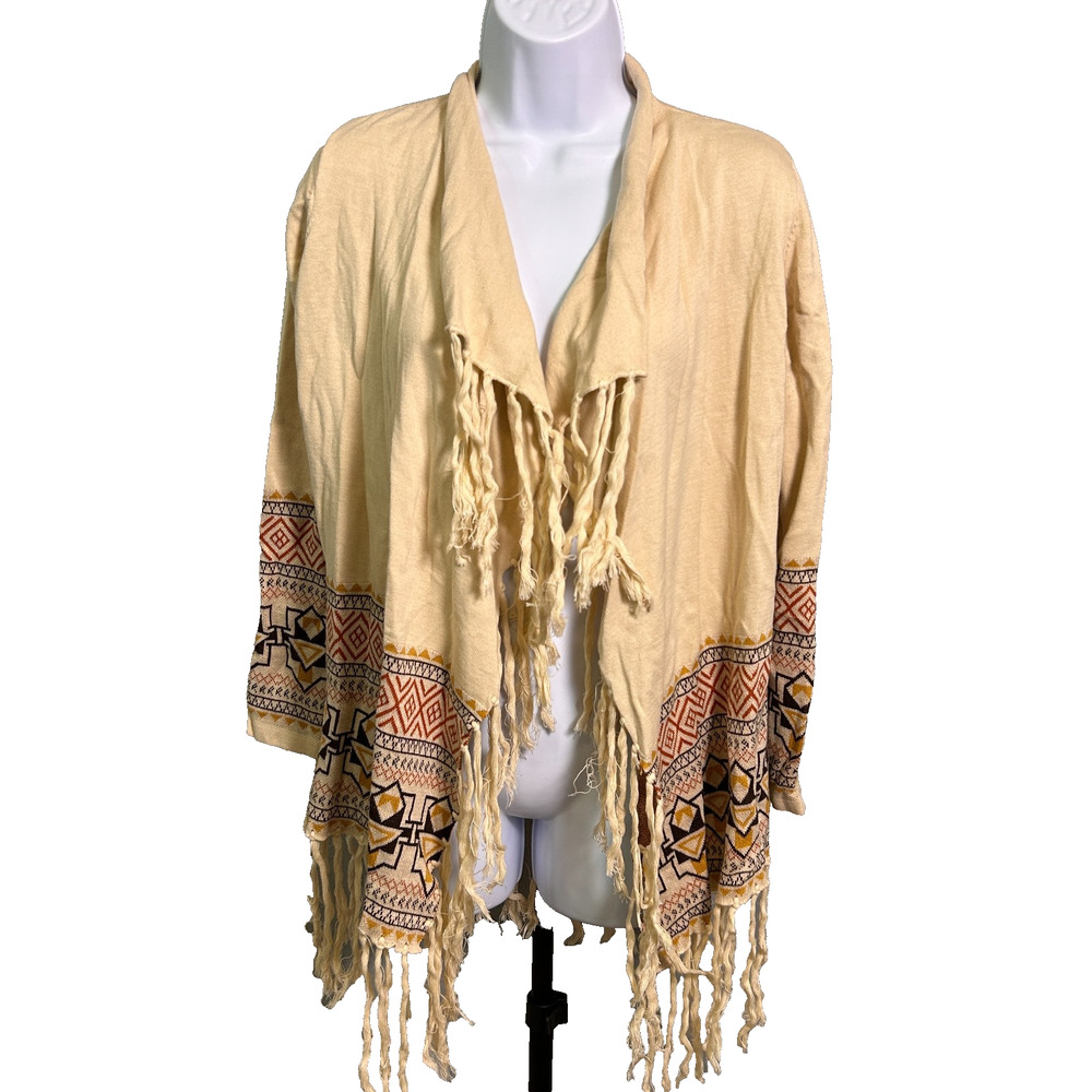 Vintage Reba Southwestern Bohemian Fringe Cardigan Womens Small Open Front - Picture 2 of 8